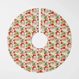 Santa and poinsettia tree skirt flat from above on white, watercolor faces and red blooms