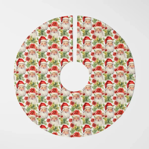 Santa and poinsettia tree skirt flat from above on white, watercolor faces and red blooms