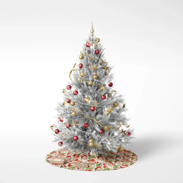 White-background photo of a trimmed tree set on the Santa and poinsettia skirt