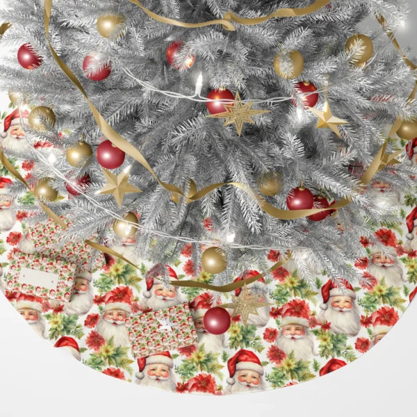 Watercolor Santa skirt beneath a glowing tree with gift boxes