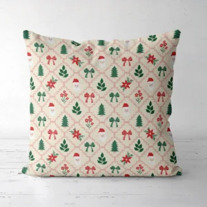 Santa lattice Christmas pillow, front view of Santa faces and poinsettias in red diamonds