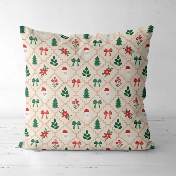 Santa lattice Christmas pillow, front view of Santa faces and poinsettias in red diamonds