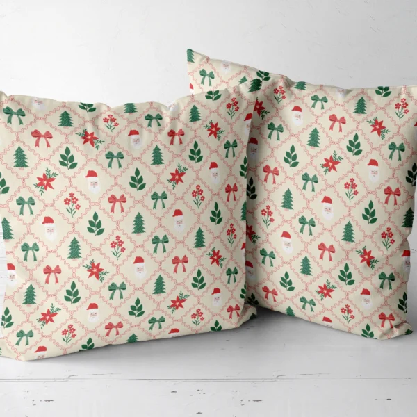 Two Santa lattice throw pillows next to each other