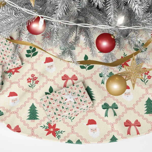 Close-up of a smiling Santa face, a red poinsettia and bows inside wavy red diamonds