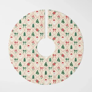 Santa lattice tree skirt seen flat from above, red diamond frames on cream