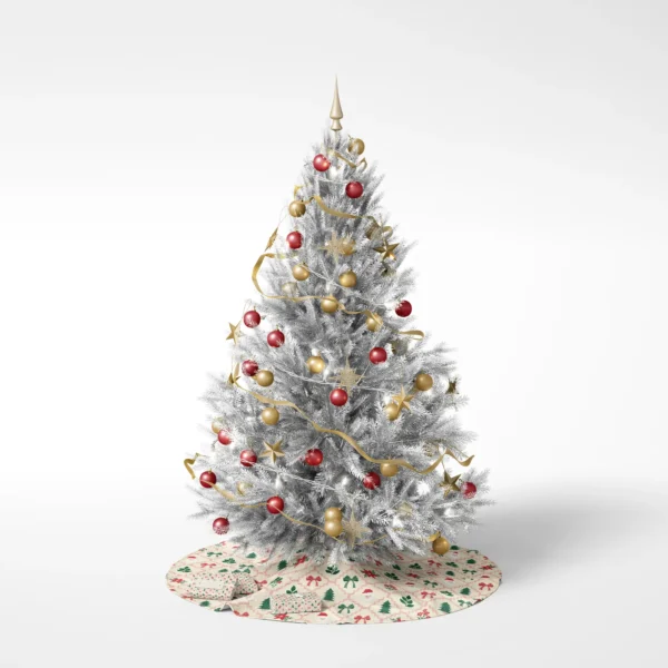 Decorated tree on a white background resting on the Santa and poinsettia lattice skirt