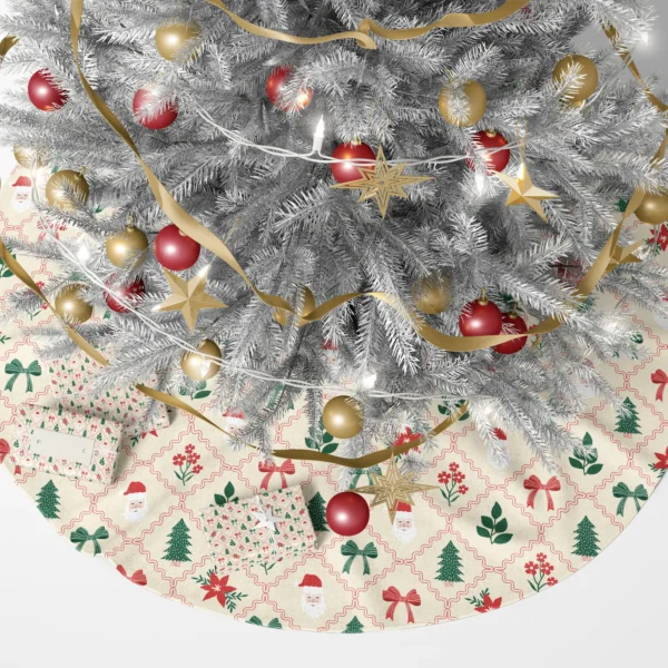Vintage Santa lattice tree skirt under a lit tree with wrapped presents around it