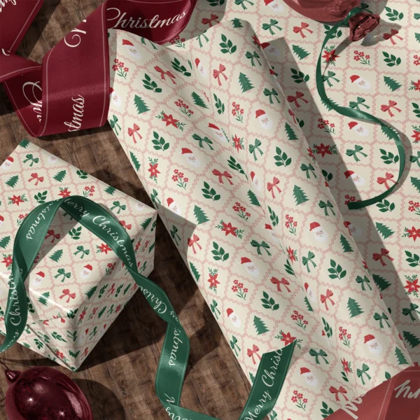 Rolls of Santa lattice gift wrap and a wrapped box with satin ribbons on a wooden floor
