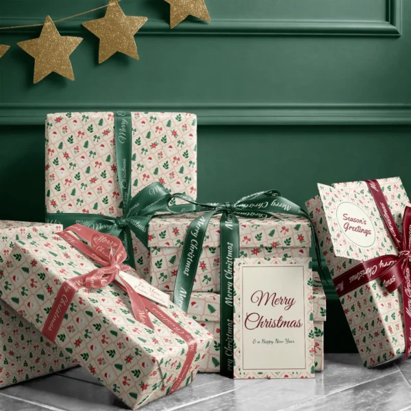Stack of presents in Santa lattice paper with ribbons and a Merry Christmas card by a dark green wall