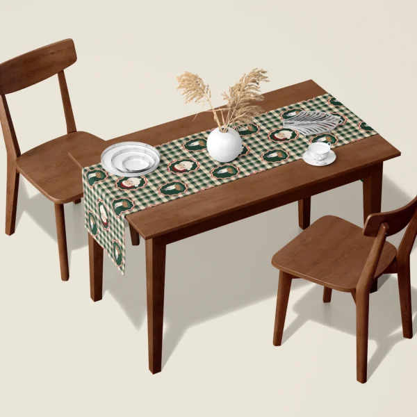 Santa milk and cookies Christmas table runner on a walnut dining table with two wooden chairs