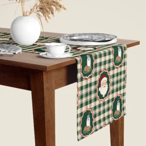 Santa milk and cookies Christmas table runner hanging over the end of a walnut dining table, close-up