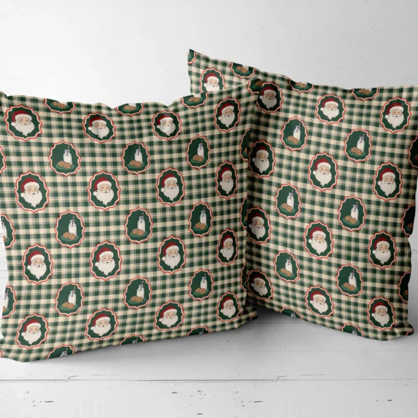 Pair of milk and cookies Santa throw pillows next to each other