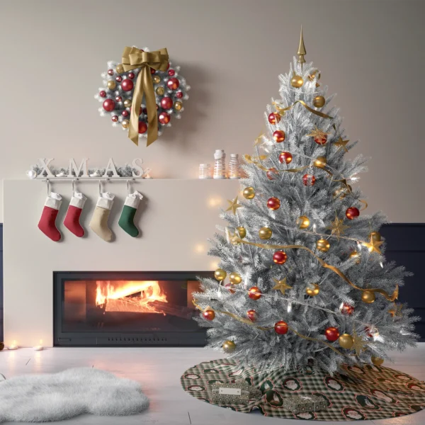 Tree on the milk and cookies skirt in a living room with cream plaster walls