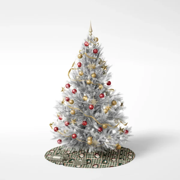 Decorated tree on a white backdrop standing on the gingham Santa skirt
