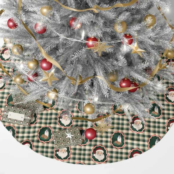 Milk and cookies tree skirt under a lit Christmas tree with presents