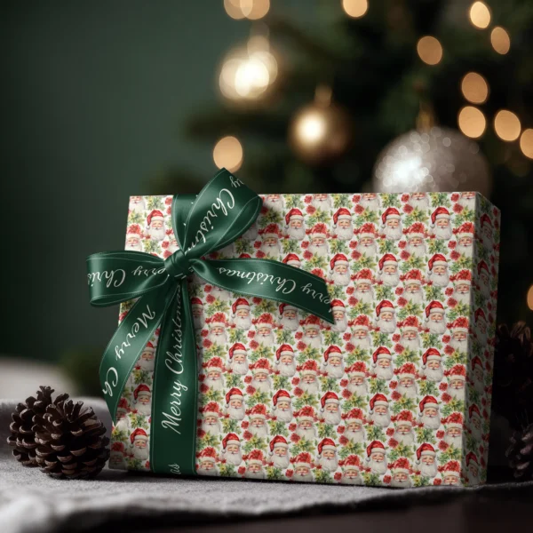 Box wrapped in Santa and poinsettia paper with a satin ribbon bow, Christmas tree lights behind