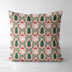 Santa trellis Christmas pillow, front view of Santa faces and potted trees