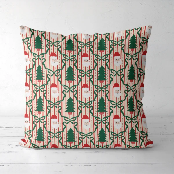 Santa trellis Christmas pillow, front view of Santa faces and potted trees