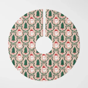 Santa trellis tree skirt shown flat from above, Santas and potted trees in green ribbon