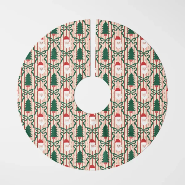 Santa trellis tree skirt shown flat from above, Santas and potted trees in green ribbon