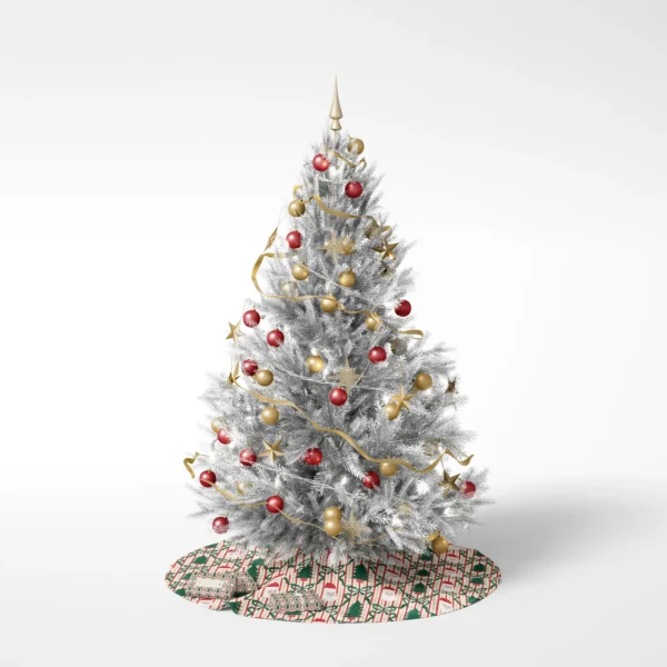 Decorated tree on a white backdrop standing on the Santa trellis skirt