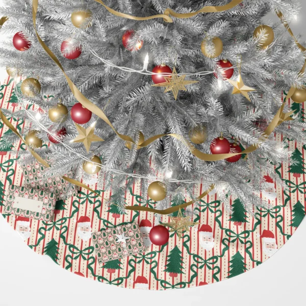 Santa and potted tree trellis skirt beneath a lit tree with wrapped presents