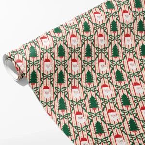 Roll of cream wrapping paper with Santa faces and potted trees in a green bow trellis over red pinstripes, partly unrolled