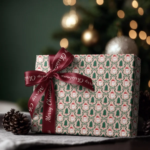 Box wrapped in Santa trellis paper with a satin ribbon bow, Christmas tree lights behind