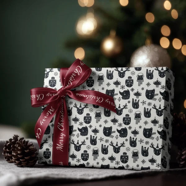 Box wrapped in black and cream animal paper with a satin ribbon bow, Christmas tree lights behind
