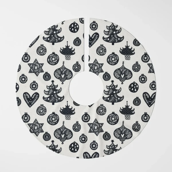 Scandi ornament tree skirt, black and cream, lying flat in a bird's-eye view on white