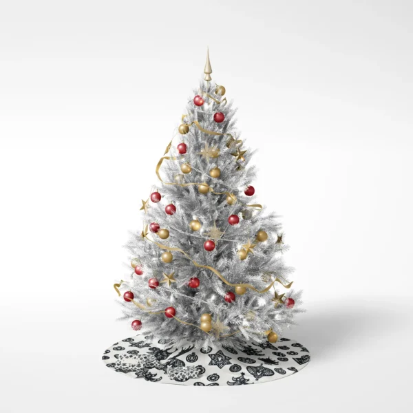 Tree with ornaments on white, positioned on the Scandi ornament skirt