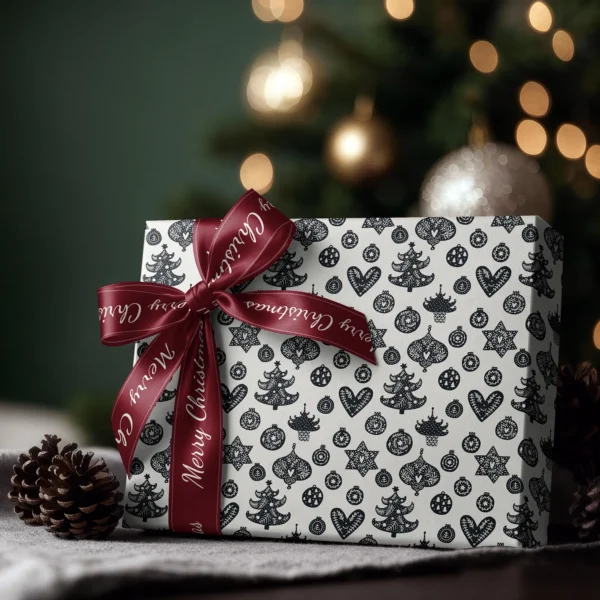 Box wrapped in black and cream ornament paper with a satin ribbon bow, Christmas tree lights behind