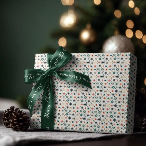 Box wrapped in Scandi starburst paper with a satin ribbon bow, Christmas tree lights behind