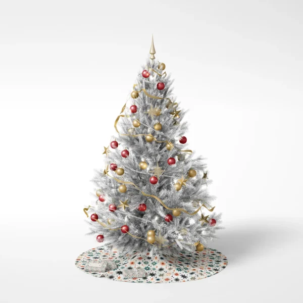 Decorated tree on a white backdrop standing on the Scandi starburst skirt