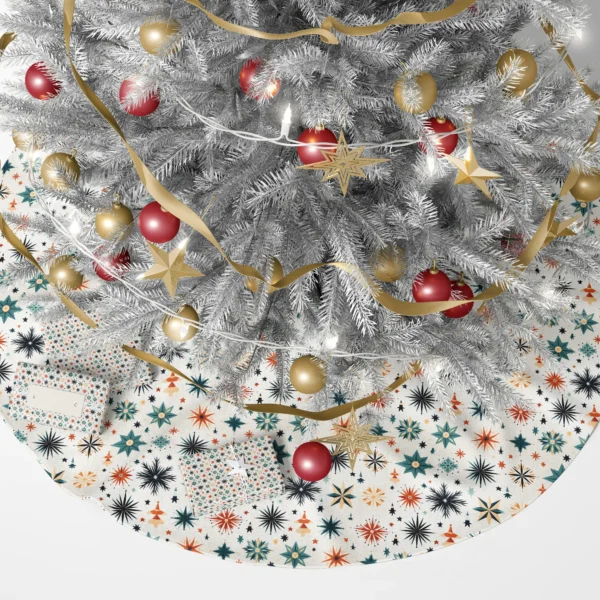 Scandi starburst skirt beneath a lit Christmas tree with wrapped gifts