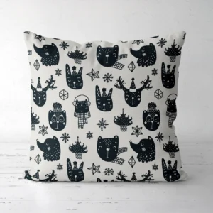 Woodland animal pillow, front side, on a white floor