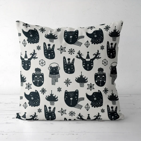 Woodland animal pillow, front side, on a white floor