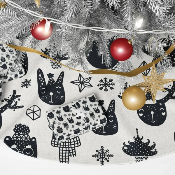 Close-up of a deer in a party hat and a bear in glasses drawn in black on cream