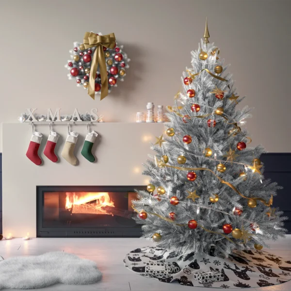 Living space with cream plaster walls; tree stands on the woodland animal skirt