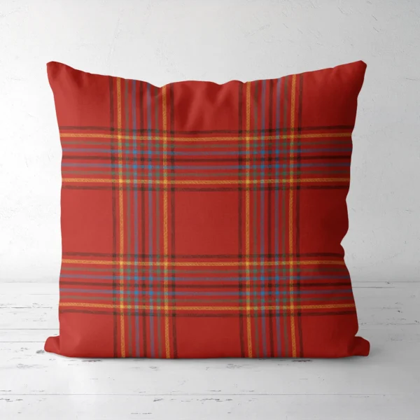 Scarlet multi-stripe Christmas pillow, front view, red squares between stripe bands