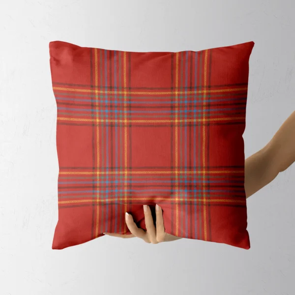 Hand holding the scarlet dress plaid throw pillow