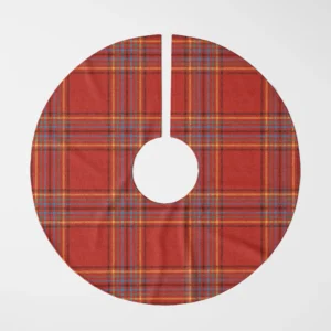 Scarlet multi-stripe plaid tree skirt laid flat, top view of red panes between stripe bands