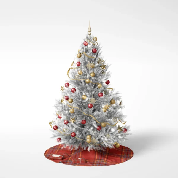Decorated Christmas tree on a white background on the scarlet multi-stripe skirt