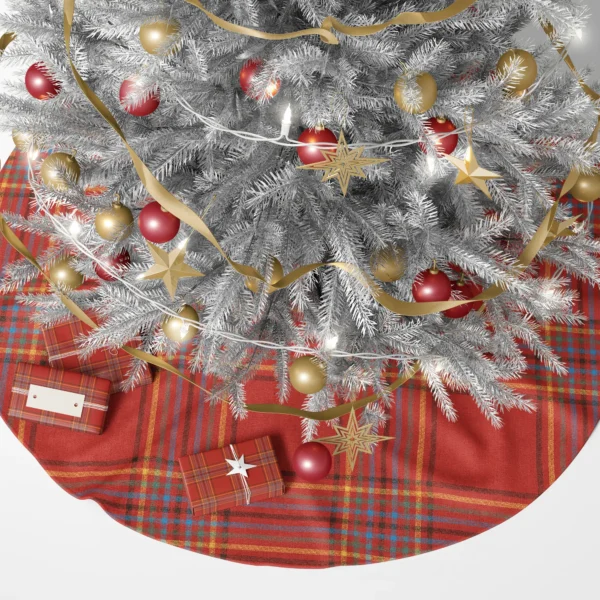 Dress plaid tree skirt in scarlet under a lit Christmas tree with presents