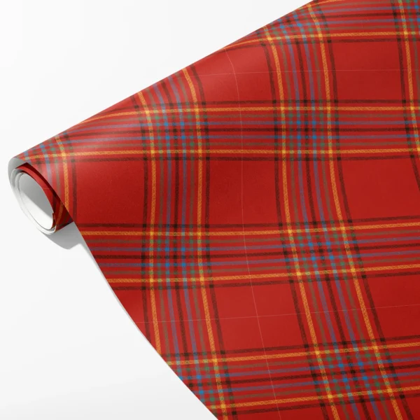 Roll of scarlet plaid wrapping paper with open red panes and bands of fine gold, blue and green stripes, partly unrolled