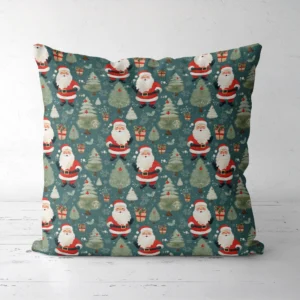 Slate vintage Santa pillow standing on a white floor, front view