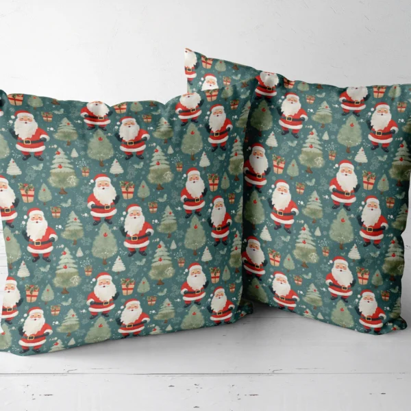 Two slate vintage Santa throw pillows side by side
