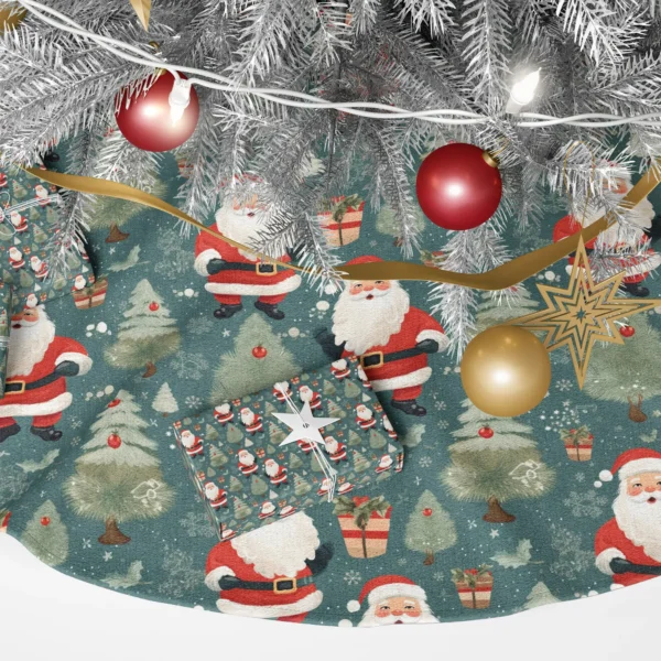 Close-up of the print: waving Santa in a red suit beside a sage fir with one red bauble