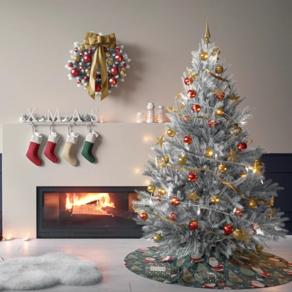 Tree on the slate Santa skirt in a living room with cream plaster walls