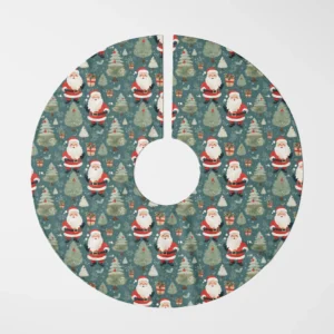 Slate vintage Santa tree skirt laid flat, top view on white, waving Santas and firs on slate teal